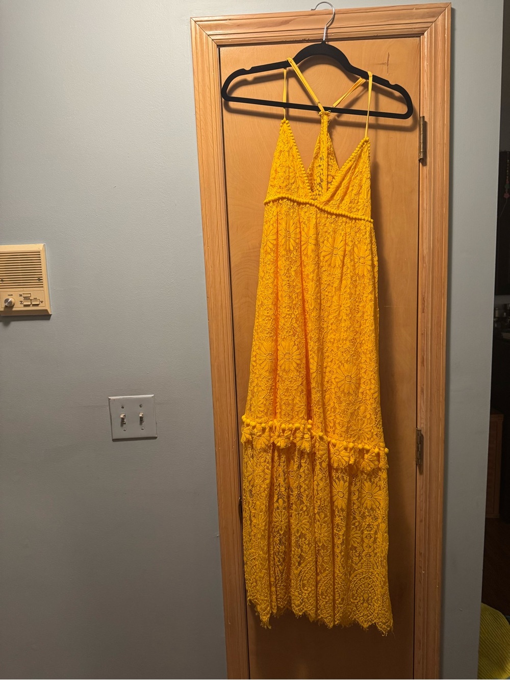 SAYLOR Sunshine Yellow Crochet Maxi Dress with Pom Trim
